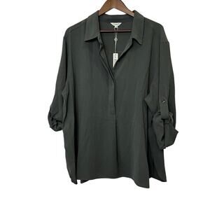 Max Studio Plus 3X Utility Blouse Army Green Semi Sheer NWT Flowy 3/4 Sleeve